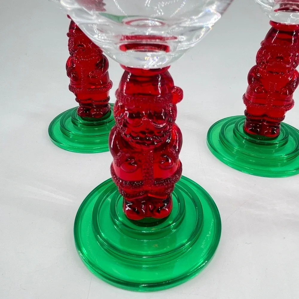 Vintage Santa Claus Christmas Wine Glasses Set of 4 Red Green Stemmed Goblets